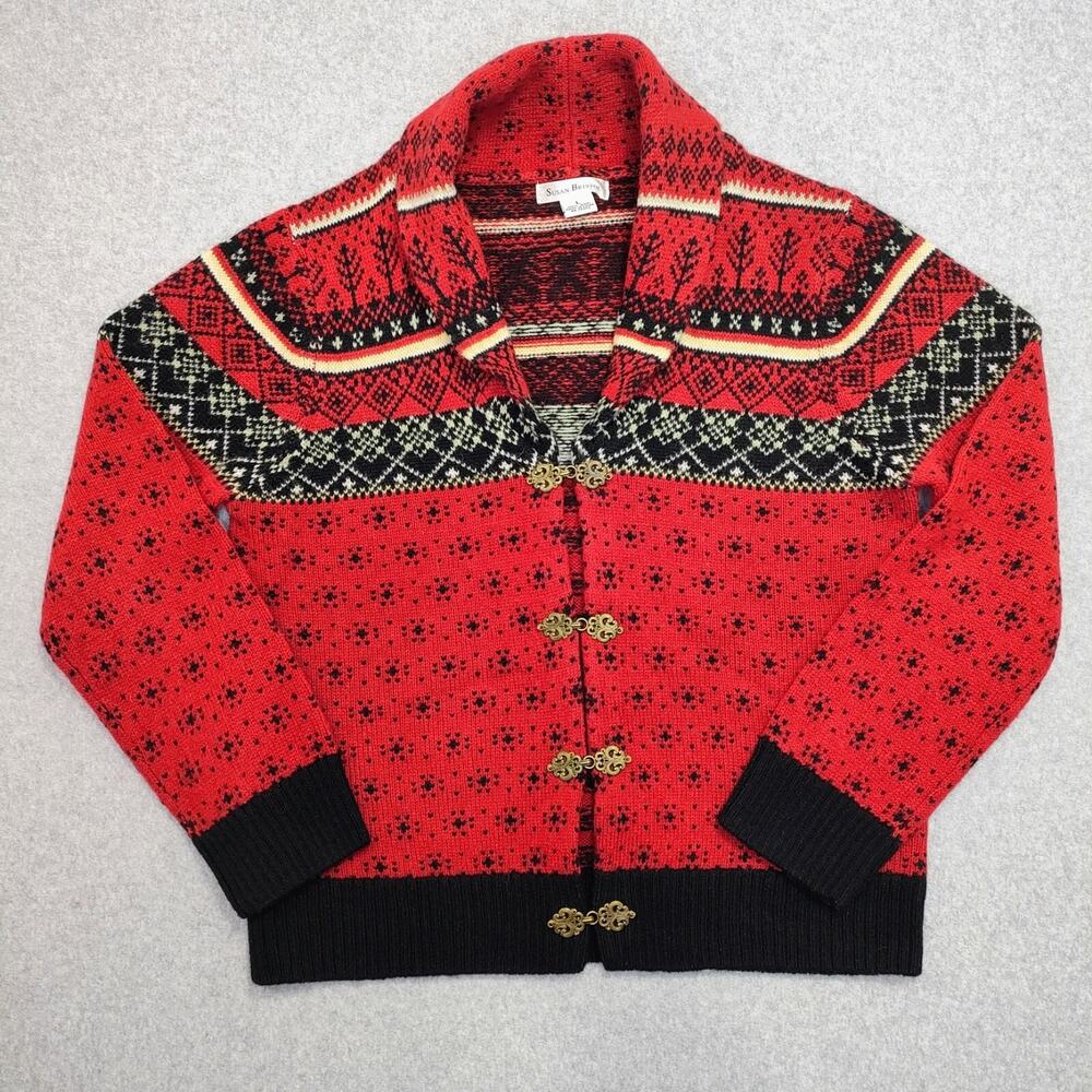 Susan Bristol Cardigan Sweater L Nordic Fair Isle Red Black Wool Clasp Shawl